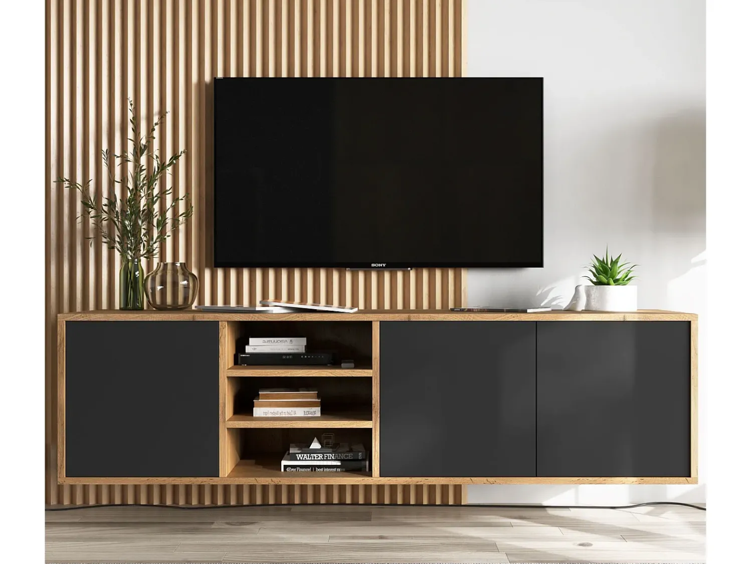 Móvel De Tv| Móvel de TV com 3 portas e 1 nicho - corpo carvalho wotan, frentes mate - 150 cm Preto