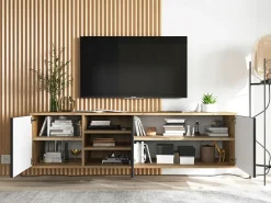 Móvel De Tv| Móvel de TV com 3 portas e 1 nicho - corpo carvalho wotan, frentes mate - 150 cm Preto