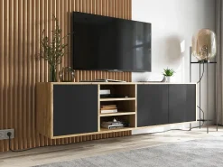 Móvel De Tv| Móvel de TV com 3 portas e 1 nicho - corpo carvalho wotan, frentes mate - 150 cm Preto