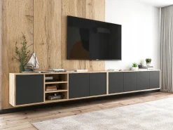 Móvel De Tv| Móvel de TV com 3 portas e 1 nicho - corpo carvalho wotan, frentes mate - 150 cm Preto