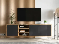 Móvel De Tv| Móvel de TV com 3 portas e 1 nicho - corpo carvalho wotan, frentes mate - 150 cm Preto