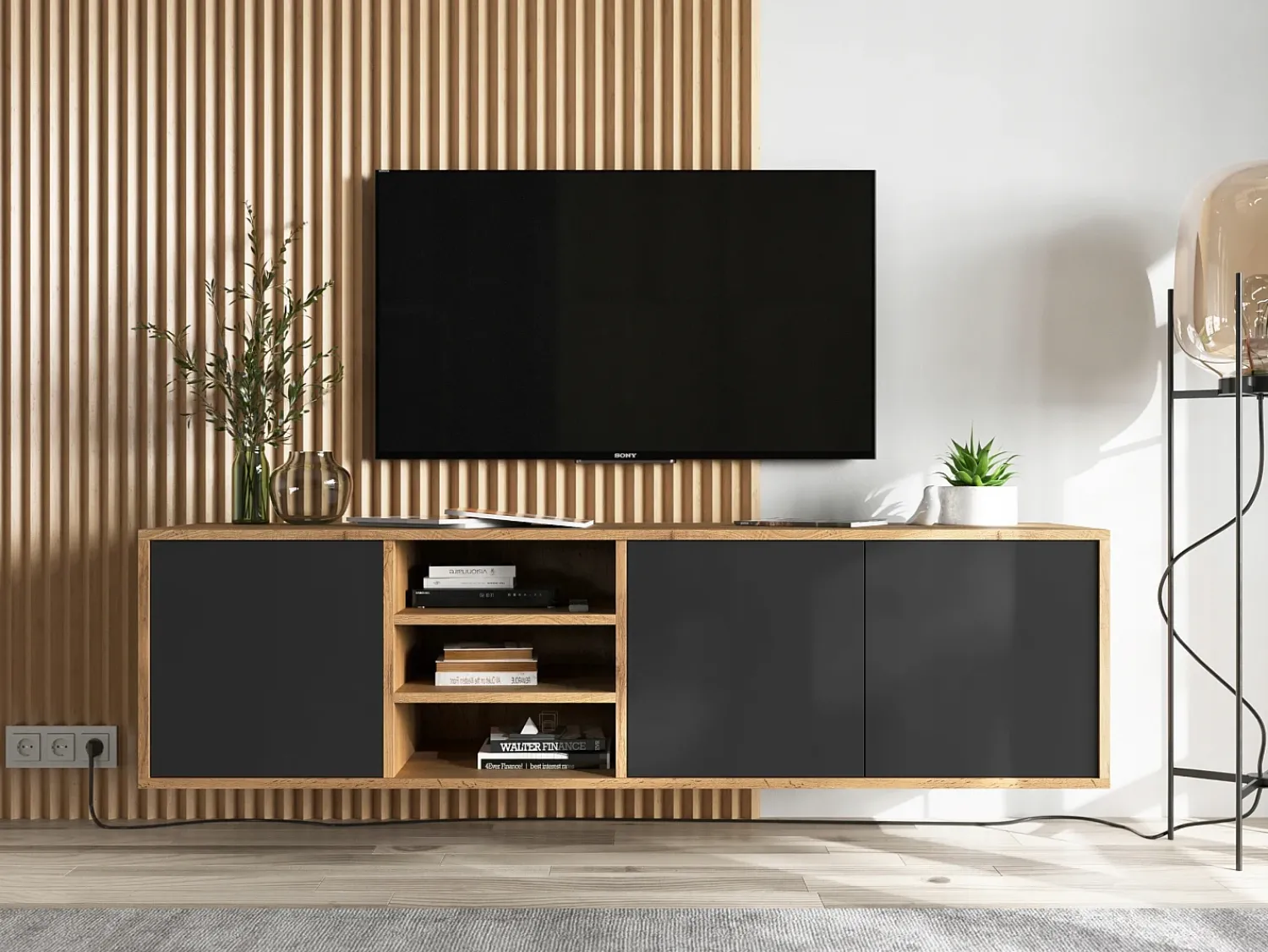 Móvel De Tv| Móvel de TV com 3 portas e 1 nicho - corpo carvalho wotan, frentes mate - 150 cm Preto