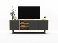 Móvel De Tv* Móvel de TV com 3 portas e 1 nicho - corpo carvalho wotan, frentes grafite mate - 150 cm, estrutura metálica Cinzento