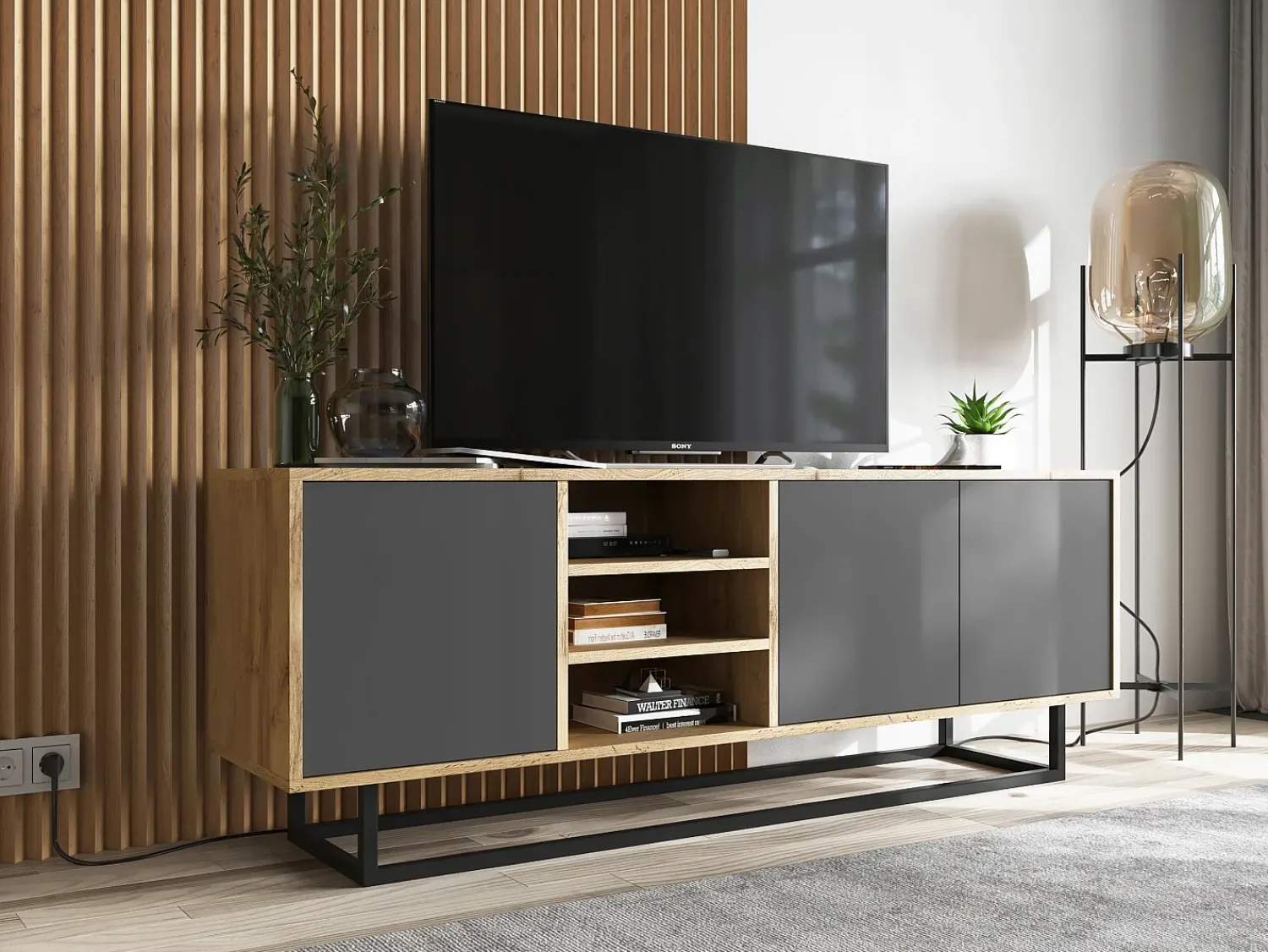 Móvel De Tv* Móvel de TV com 3 portas e 1 nicho - corpo carvalho wotan, frentes grafite mate - 150 cm, estrutura metálica Cinzento
