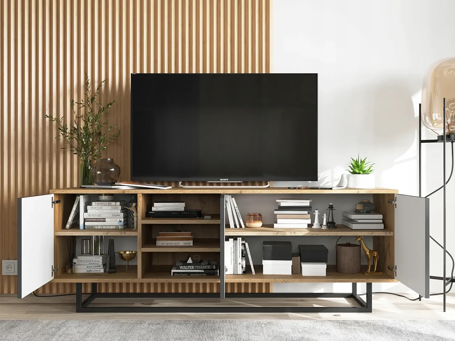 Móvel De Tv* Móvel de TV com 3 portas e 1 nicho - corpo carvalho wotan, frentes grafite mate - 150 cm, estrutura metálica Cinzento
