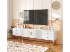 Móvel De Tv|Merax Móvel de TV com 2 portas e 4 gavetas - 175 x 30 x 46 cm - Madeira MDF, pés e puxadores em metal dourado - Branco