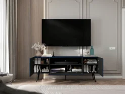 Móvel De Tv* Móvel de TV com 3 portas e nicho – Estrutura -marinho mate, frentes caneladas -marinho mate – 150 cm, pés pretos Azul