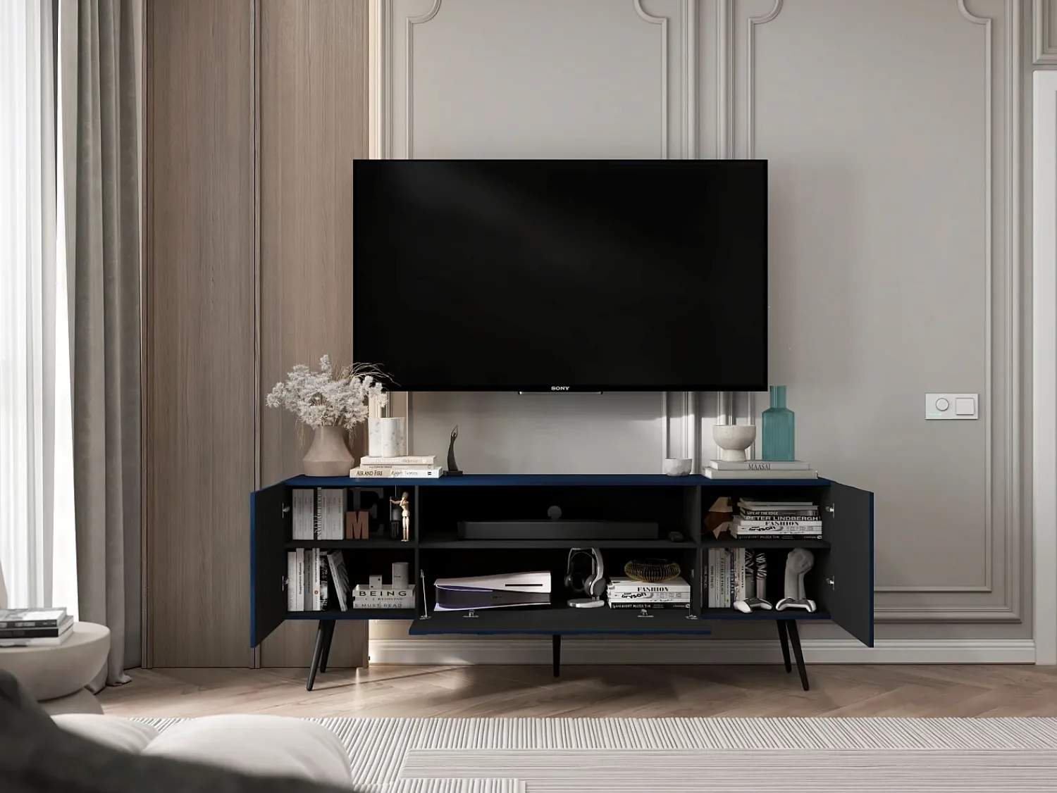 Móvel De Tv* Móvel de TV com 3 portas e nicho – Estrutura -marinho mate, frentes caneladas -marinho mate – 150 cm, pés pretos Azul