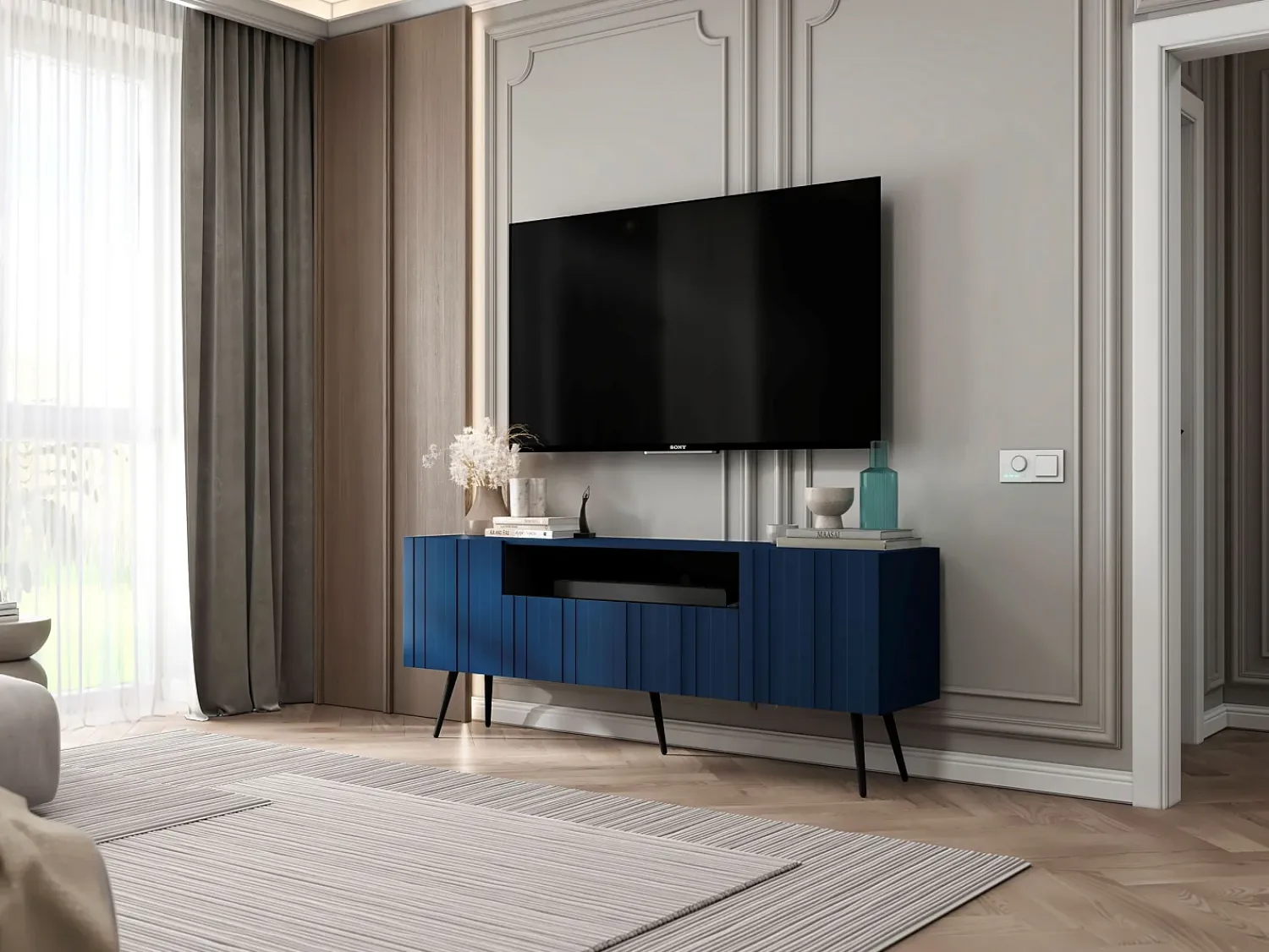Móvel De Tv* Móvel de TV com 3 portas e nicho – Estrutura -marinho mate, frentes caneladas -marinho mate – 150 cm, pés pretos Azul
