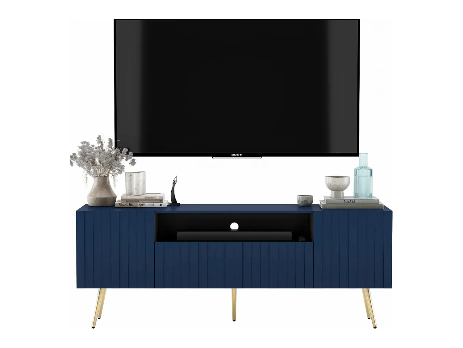 Móvel De Tv* Móvel de TV com 3 portas e nicho – Estrutura -marinho mate, frentes caneladas -marinho mate – 150 cm, pés pretos Azul