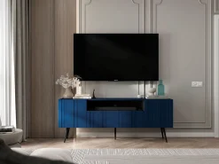 Móvel De Tv* Móvel de TV com 3 portas e nicho – Estrutura -marinho mate, frentes caneladas -marinho mate – 150 cm, pés pretos Azul