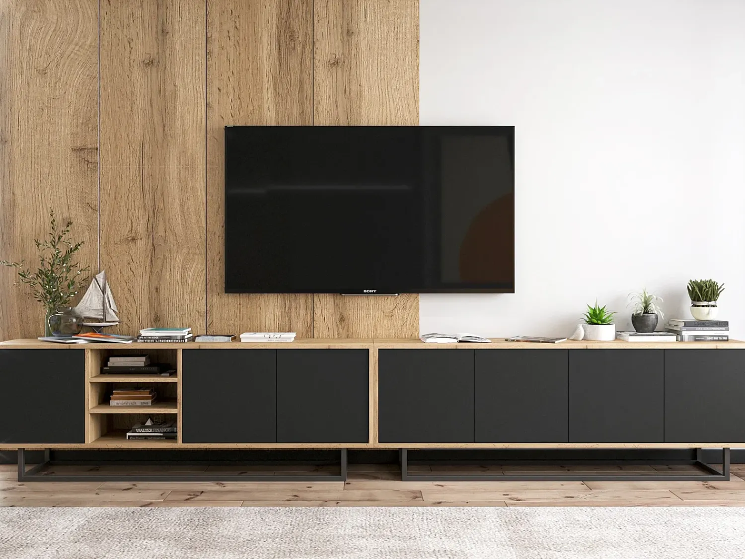 Móvel De Tv* Móvel de TV com 7 portas e 1 nicho – corpo carvalho wotan, frentes mate – 300 cm, estrutura metálica Preto