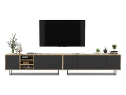 Móvel De Tv* Móvel de TV com 7 portas e 1 nicho – corpo carvalho wotan, frentes mate – 300 cm, estrutura metálica Preto