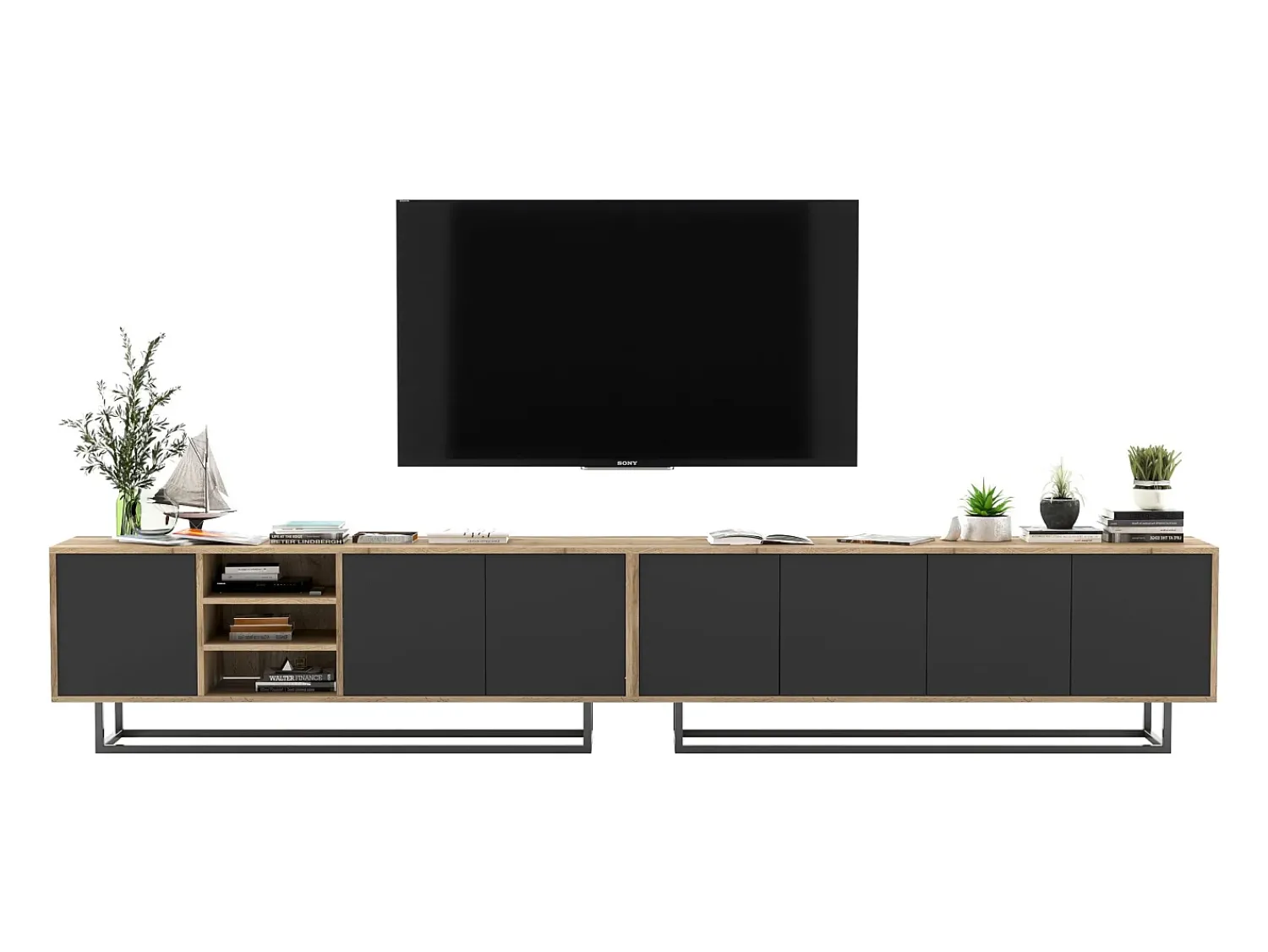 Móvel De Tv* Móvel de TV com 7 portas e 1 nicho – corpo carvalho wotan, frentes mate – 300 cm, estrutura metálica Preto