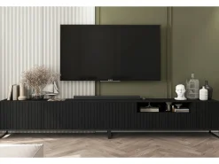 Móvel De Tv| Móvel de TV com 7 portas e nicho – Corpo mate, frentes caneladas mate – 300 cm, estrutura em metal Preto