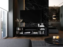 Móvel De Tv| Móvel de TV com 7 portas e nicho – Corpo mate, frentes caneladas mate – 300 cm, estrutura em metal Preto