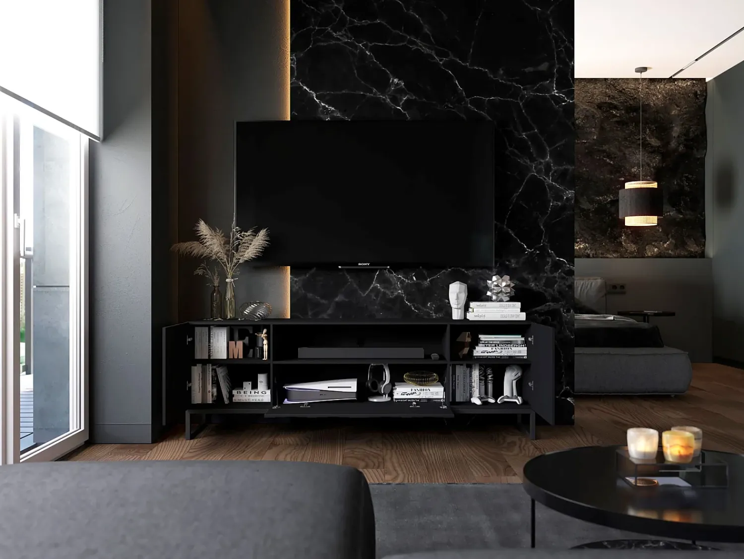 Móvel De Tv| Móvel de TV com 7 portas e nicho – Corpo mate, frentes caneladas mate – 300 cm, estrutura em metal Preto