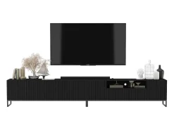 Móvel De Tv| Móvel de TV com 7 portas e nicho – Corpo mate, frentes caneladas mate – 300 cm, estrutura em metal Preto