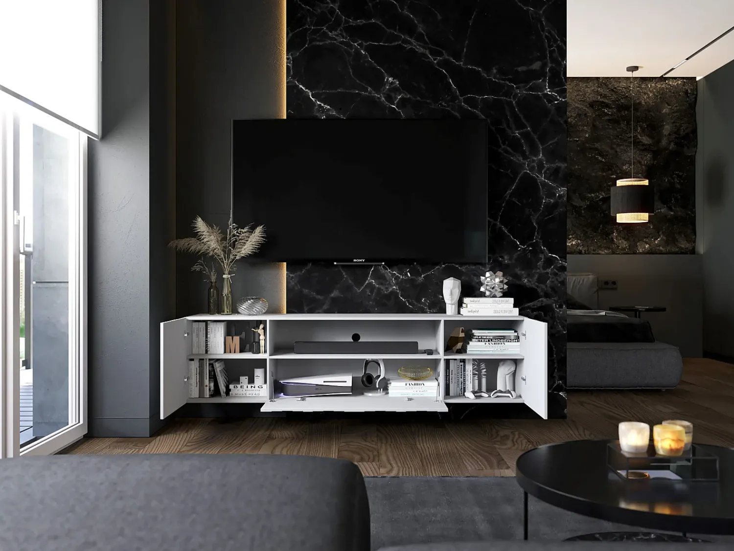 Móvel de TV com 3 portas e nicho - Corpo mate, frentes frisadas mate - 150 cm^ Móvel De Tv
