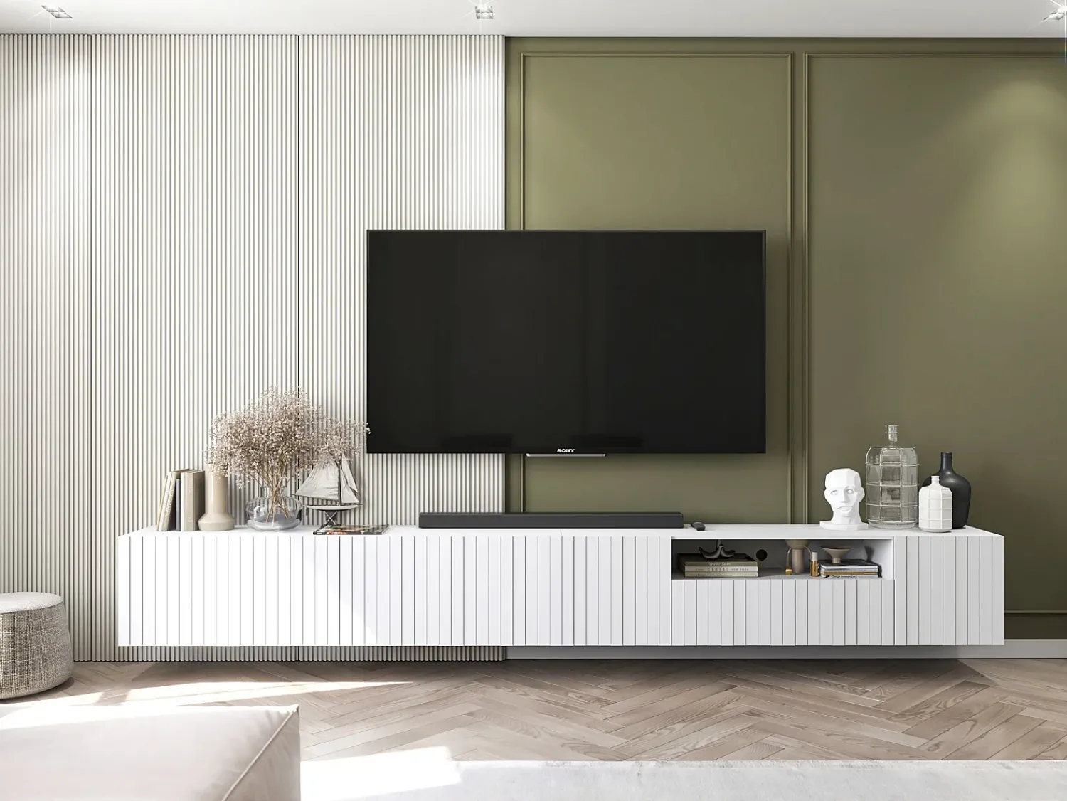Móvel de TV com 3 portas e nicho - Corpo mate, frentes frisadas mate - 150 cm^ Móvel De Tv
