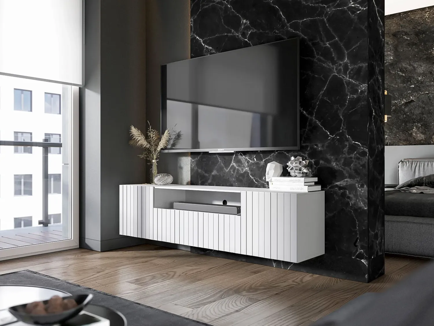 Móvel de TV com 3 portas e nicho - Corpo mate, frentes frisadas mate - 150 cm^ Móvel De Tv