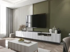 Móvel de TV com 3 portas e nicho - Corpo mate, frentes frisadas mate - 150 cm^ Móvel De Tv