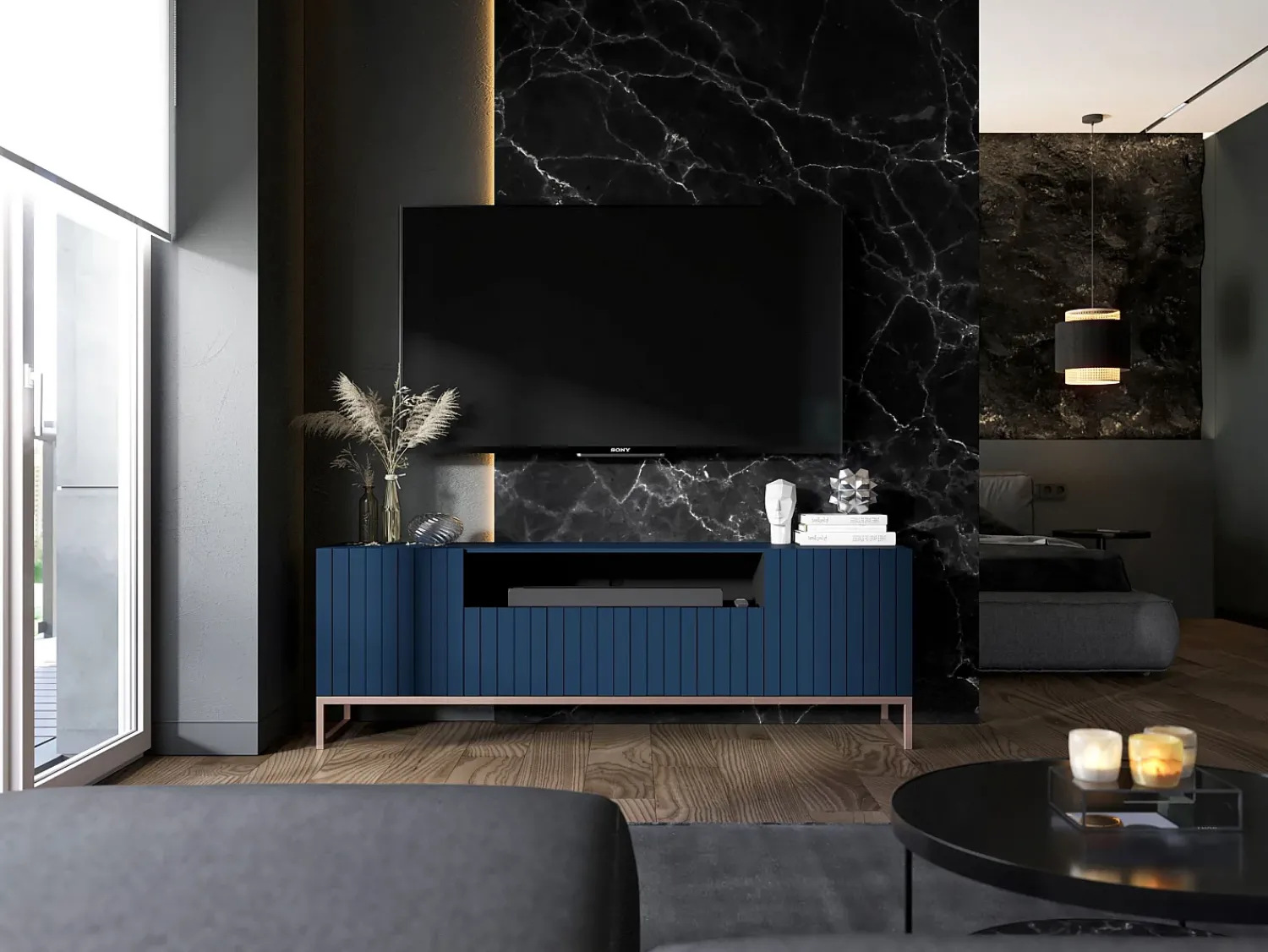 Móvel De Tv* Móvel de TV com 3 portas e nicho – Corpo -marinho mate, frentes ranhuradas -marinho mate – 150 cm, estrutura metálica Azul