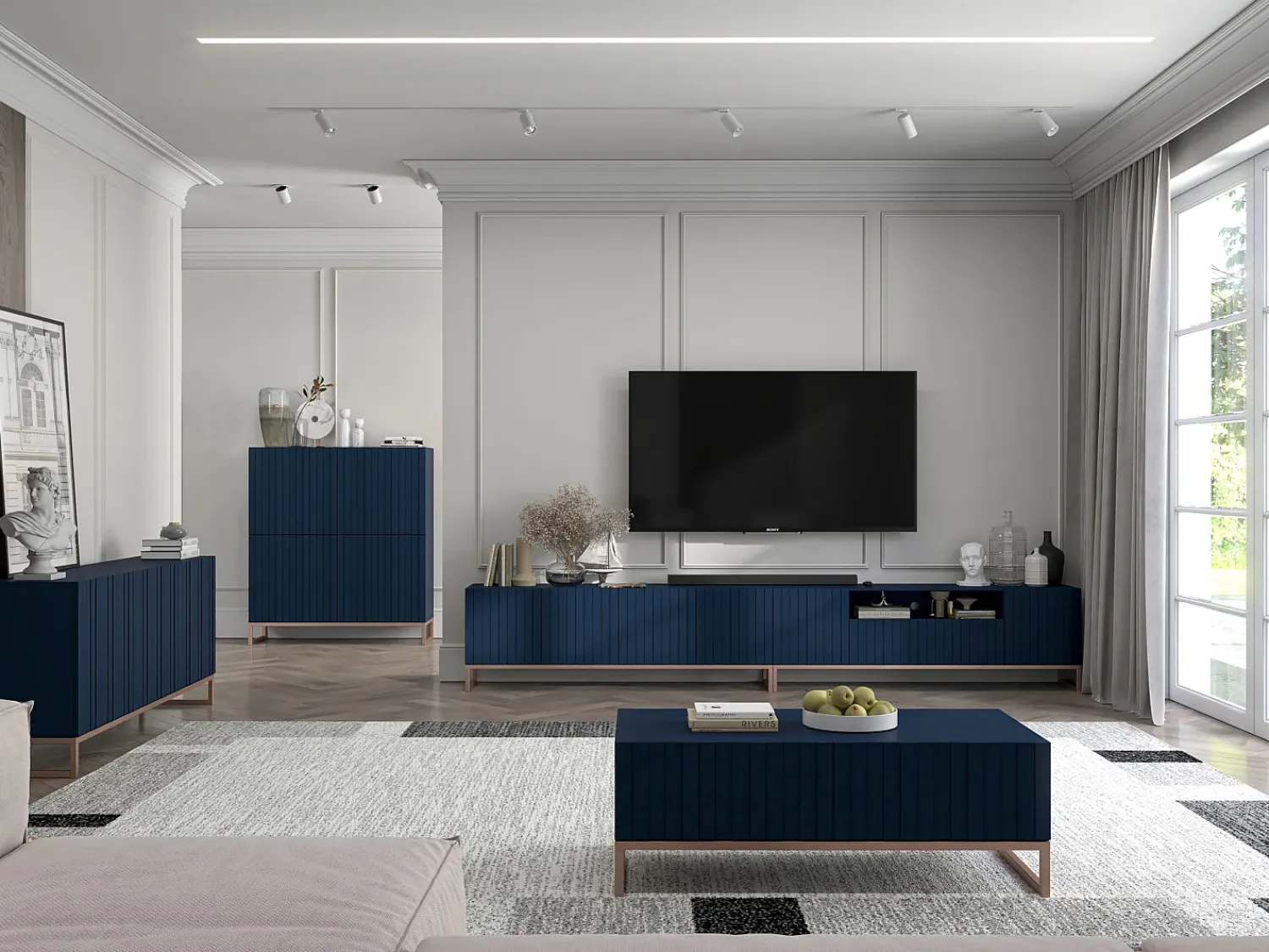 Móvel De Tv* Móvel de TV com 3 portas e nicho – Corpo -marinho mate, frentes ranhuradas -marinho mate – 150 cm, estrutura metálica Azul