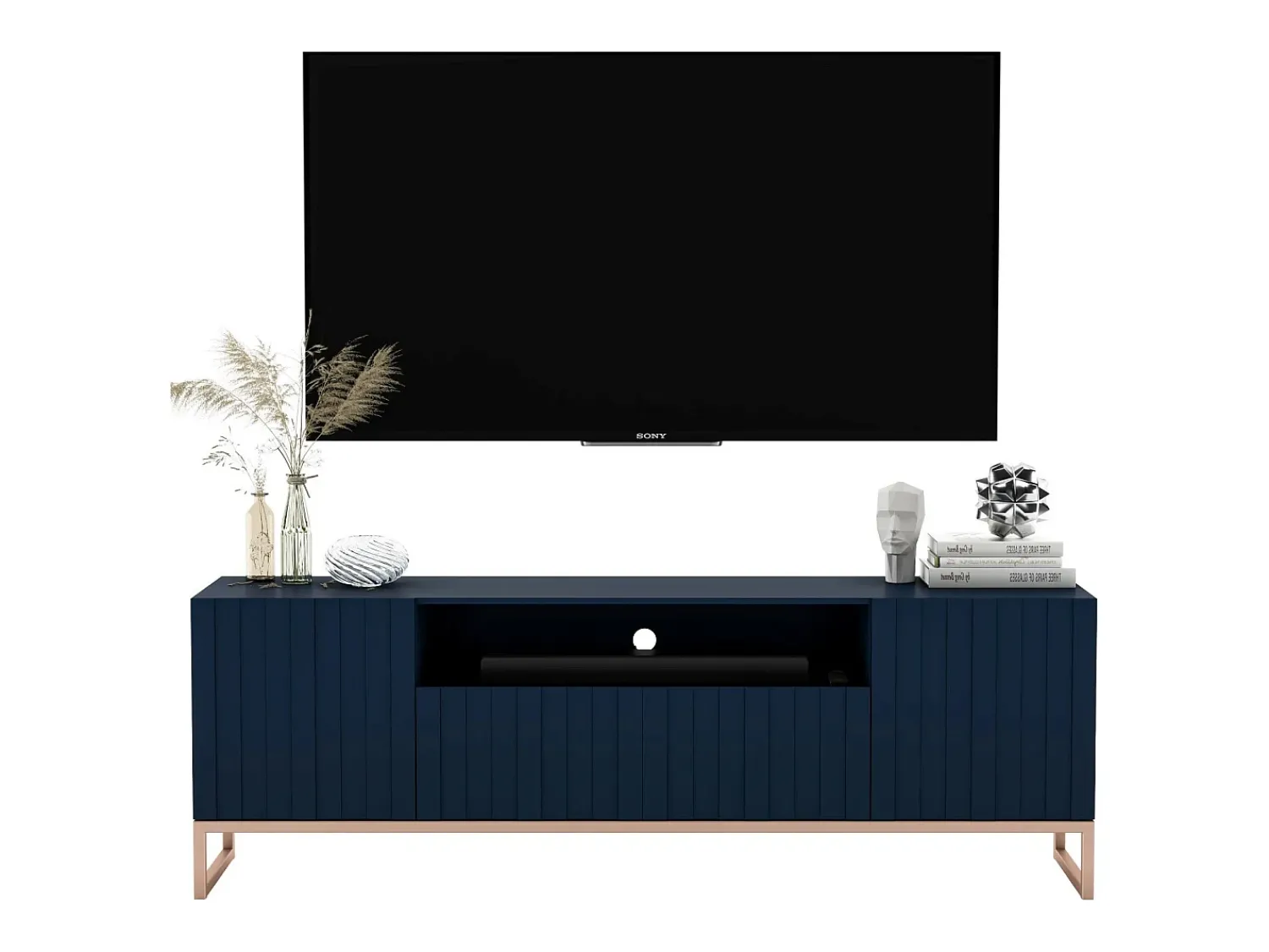 Móvel De Tv* Móvel de TV com 3 portas e nicho – Corpo -marinho mate, frentes ranhuradas -marinho mate – 150 cm, estrutura metálica Azul