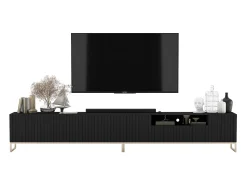 Móvel De Tv* Móvel de TV com 7 portas e nicho – corpo mate, fachadas caneladas mate – 300 cm, estrutura metálica Preto