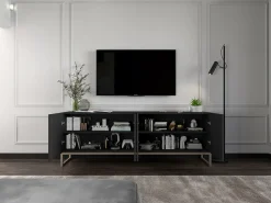 Móvel De Tv* Móvel de TV com 7 portas e nicho – corpo mate, fachadas caneladas mate – 300 cm, estrutura metálica Preto