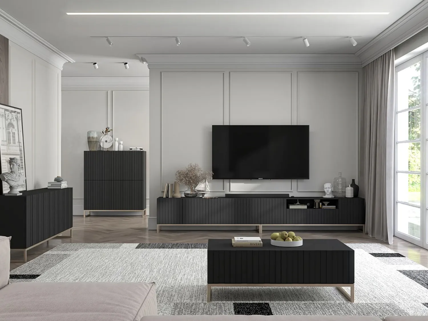 Móvel De Tv* Móvel de TV com 7 portas e nicho – corpo mate, fachadas caneladas mate – 300 cm, estrutura metálica Preto