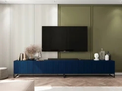 Móvel de TV com 3 portas e nicho - Corpo -marinho mate, frentes ranhuradas -marinho mate - 150 cm, estrutura em metal preto^ Móvel De Tv