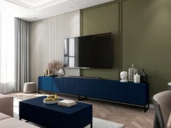 Móvel de TV com 3 portas e nicho - Corpo -marinho mate, frentes ranhuradas -marinho mate - 150 cm, estrutura em metal preto^ Móvel De Tv