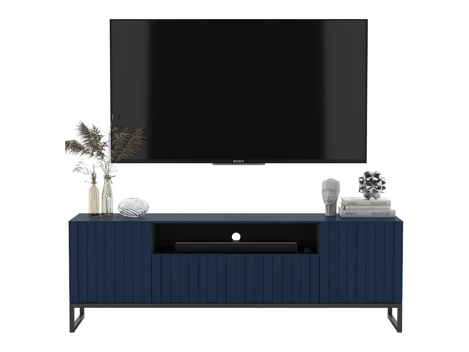 Móvel de TV com 3 portas e nicho - Corpo -marinho mate, frentes ranhuradas -marinho mate - 150 cm, estrutura em metal preto^ Móvel De Tv
