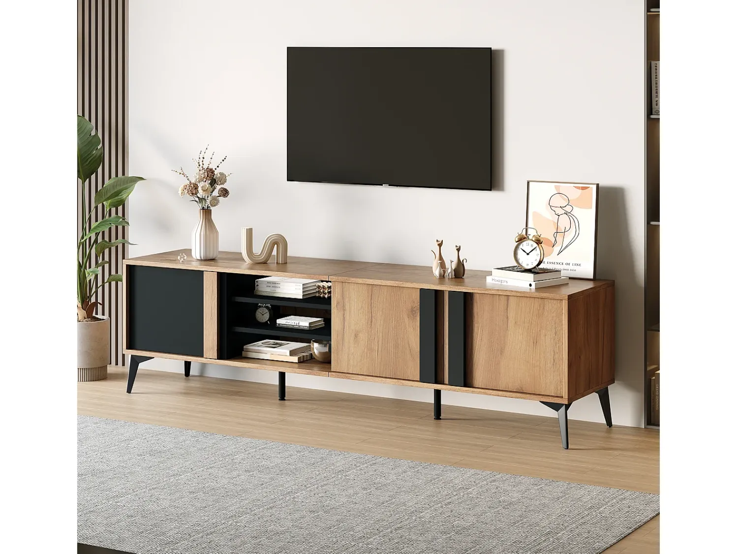 Móvel De Tv|Merax Móvel de TV com 3 portas e 3 nichos abertos - 180 x 40 x 50 cm - Aglomerado - Marrom e Preto