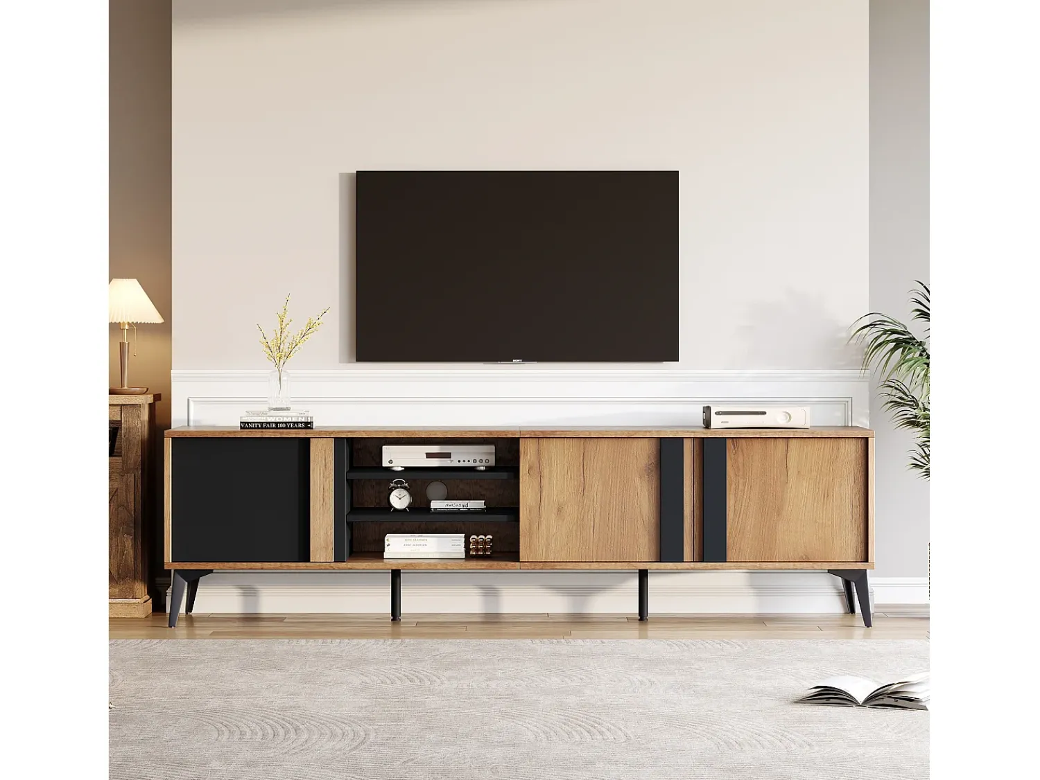 Móvel De Tv|Merax Móvel de TV com 3 portas e 3 nichos abertos - 180 x 40 x 50 cm - Aglomerado - Marrom e Preto