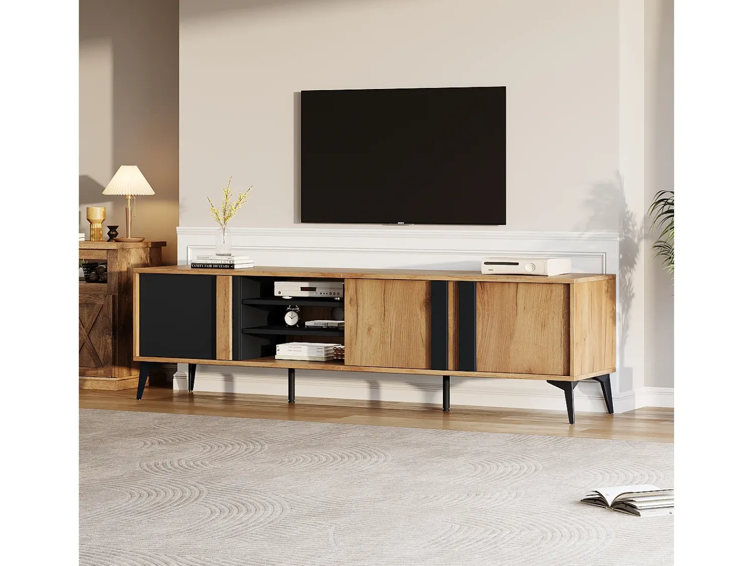 Móvel De Tv|Merax Móvel de TV com 3 portas e 3 nichos abertos - 180 x 40 x 50 cm - Aglomerado - Marrom e Preto