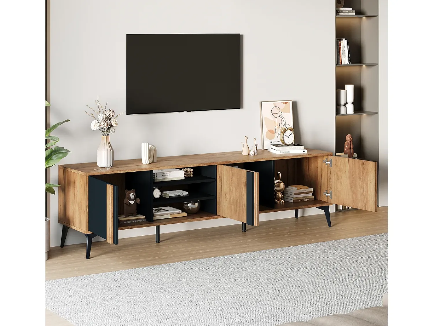 Móvel De Tv|Merax Móvel de TV com 3 portas e 3 nichos abertos - 180 x 40 x 50 cm - Aglomerado - Marrom e Preto