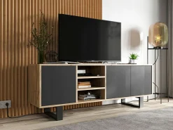 Móvel de TV com 3 portas e 1 nicho – estrutura em carvalho Wotan, frentes mate – 150 cm, pés de metal^ Móvel De Tv