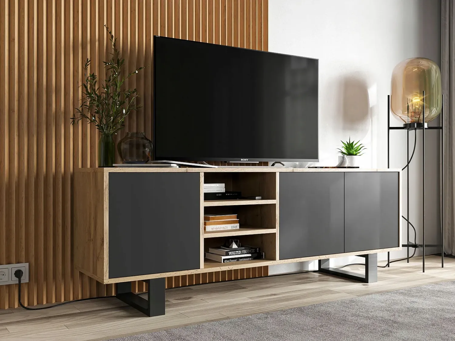 Móvel de TV com 3 portas e 1 nicho – estrutura em carvalho Wotan, frentes mate – 150 cm, pés de metal^ Móvel De Tv