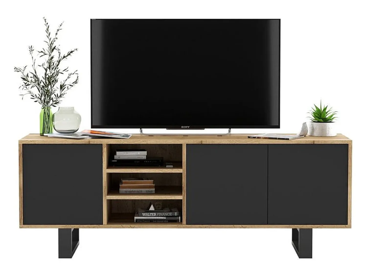 Móvel de TV com 3 portas e 1 nicho – estrutura em carvalho Wotan, frentes mate – 150 cm, pés de metal^ Móvel De Tv