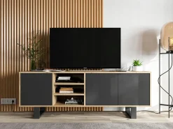 Móvel de TV com 3 portas e 1 nicho – estrutura em carvalho Wotan, frentes mate – 150 cm, pés de metal^ Móvel De Tv