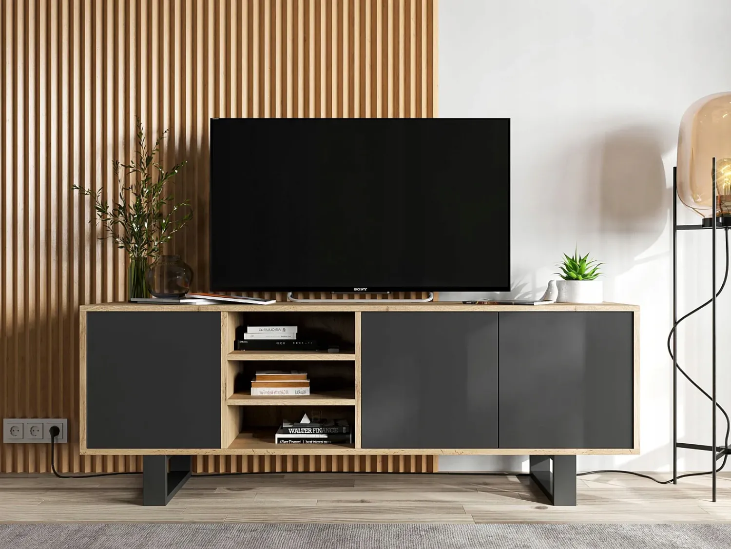 Móvel de TV com 3 portas e 1 nicho – estrutura em carvalho Wotan, frentes mate – 150 cm, pés de metal^ Móvel De Tv