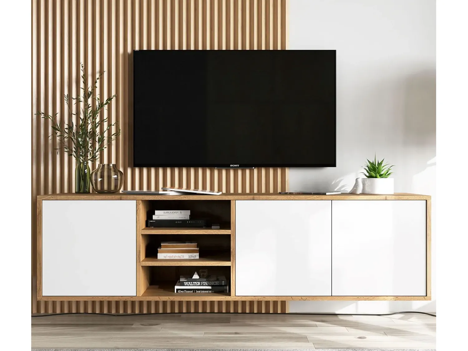 Móvel de TV com 3 portas e 1 nicho - estrutura carvalho wotan frentes fosco - 150 cm^ Móvel De Tv