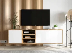Móvel de TV com 3 portas e 1 nicho - estrutura carvalho wotan frentes fosco - 150 cm^ Móvel De Tv