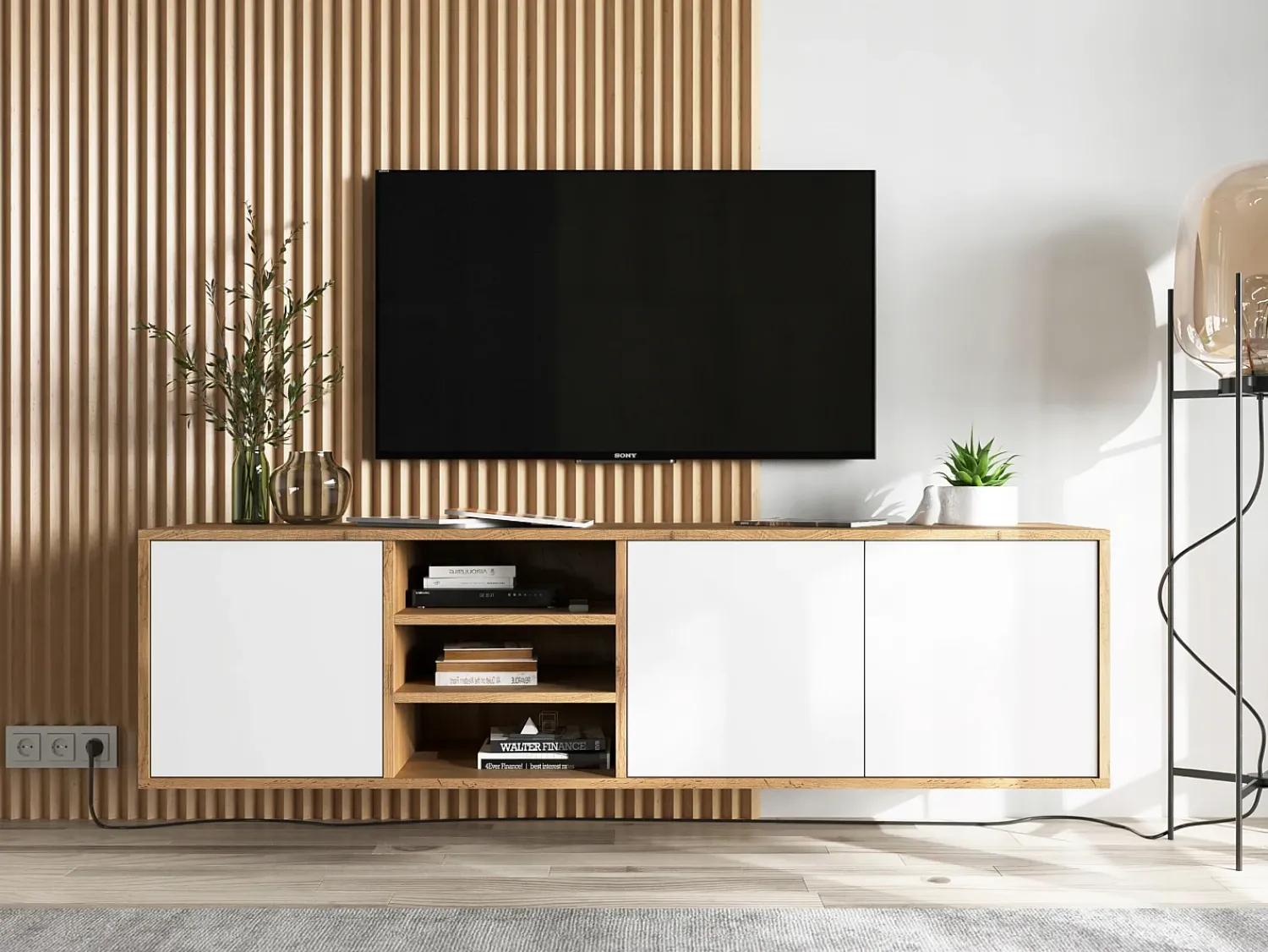 Móvel de TV com 3 portas e 1 nicho - estrutura carvalho wotan frentes fosco - 150 cm^ Móvel De Tv