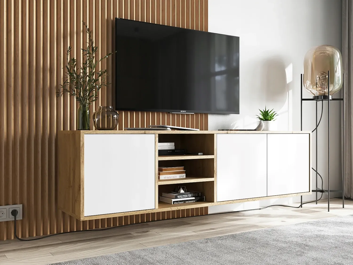 Móvel de TV com 3 portas e 1 nicho - estrutura carvalho wotan frentes fosco - 150 cm^ Móvel De Tv