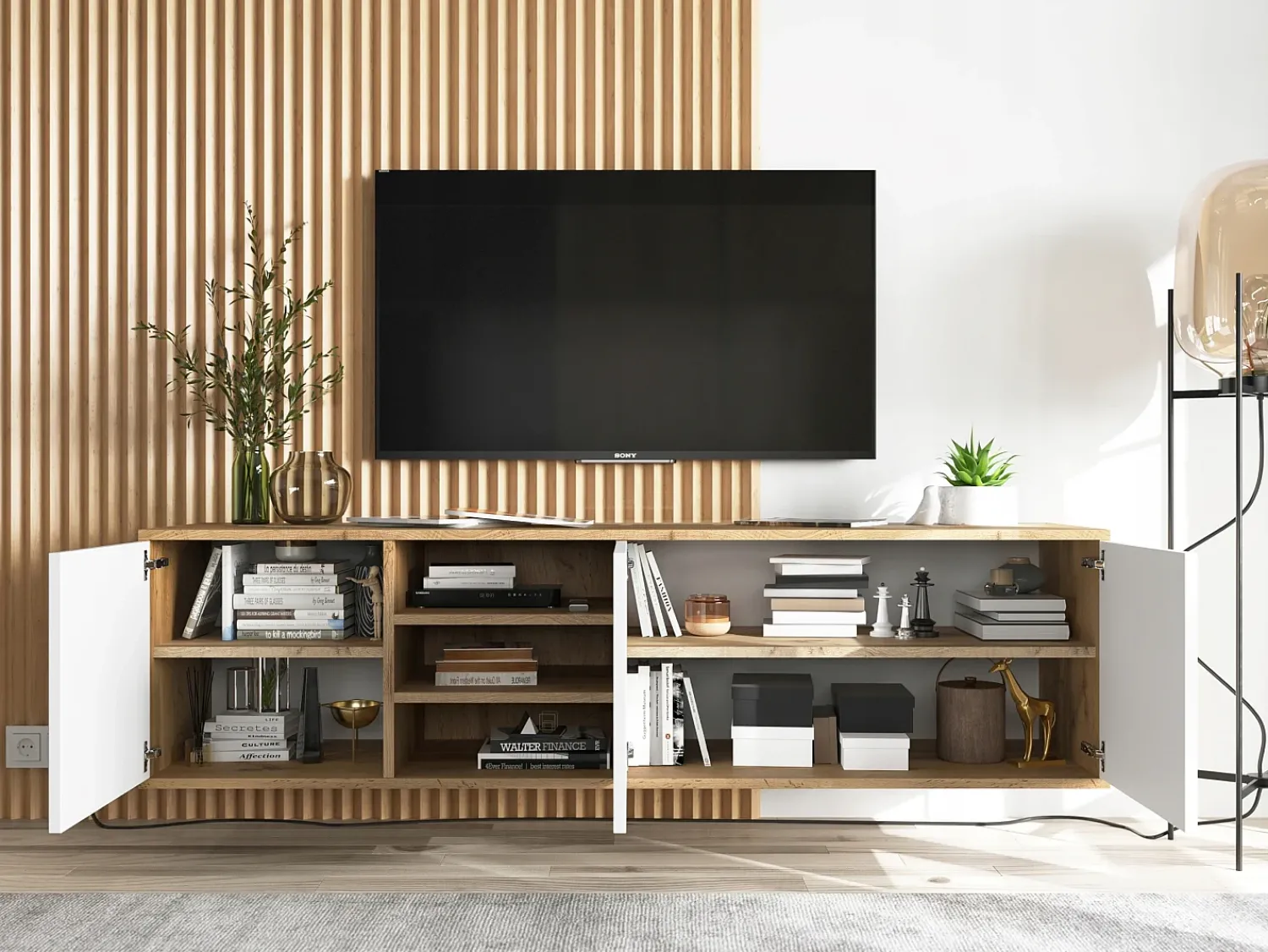 Móvel de TV com 3 portas e 1 nicho - estrutura carvalho wotan frentes fosco - 150 cm^ Móvel De Tv