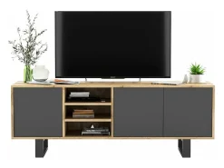 Hot Móvel de TV com 3 portas e 1 nicho - corpo carvalho wotan frentes grafite mate - 150 cm, pés de metal Cinzento
